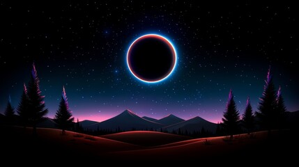 Dark sky with a large black circle in the middle. The sky is filled with stars and the mountains in the background are purple