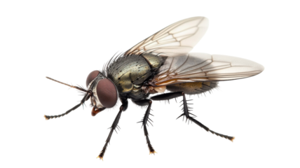 House Fly Insect with Transparent Wings and Detailed Body Structure Isolated on White Background