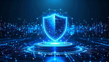 Cyber shield protecting digital circuits glowing blue