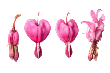 Flat-lay studio photo of single pink bleeding heart bloom centered, soft lighting, top-down view, isolated on black background highlighting heart-shaped petals
