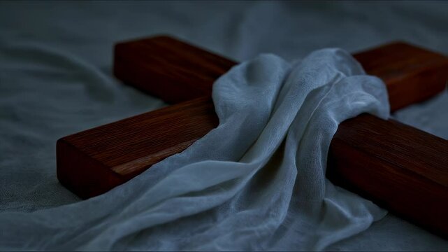 A closeup of a wooden cross dd with a delicate white cloth, reflecting the warm hues of the sunrise and radiating a sense of peace and forgiveness.