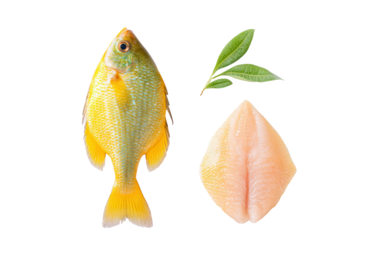 Flat-lay studio photograph of clustered bluegill fish and fillets, bright lighting, top-down view, isolated on black background showing rich texture, colorful fins and fresh catch appeal