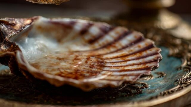 Closeup of a baptismal shell, delicately dripping with holy water as it is used to anoint the forehead of a person being baptized.