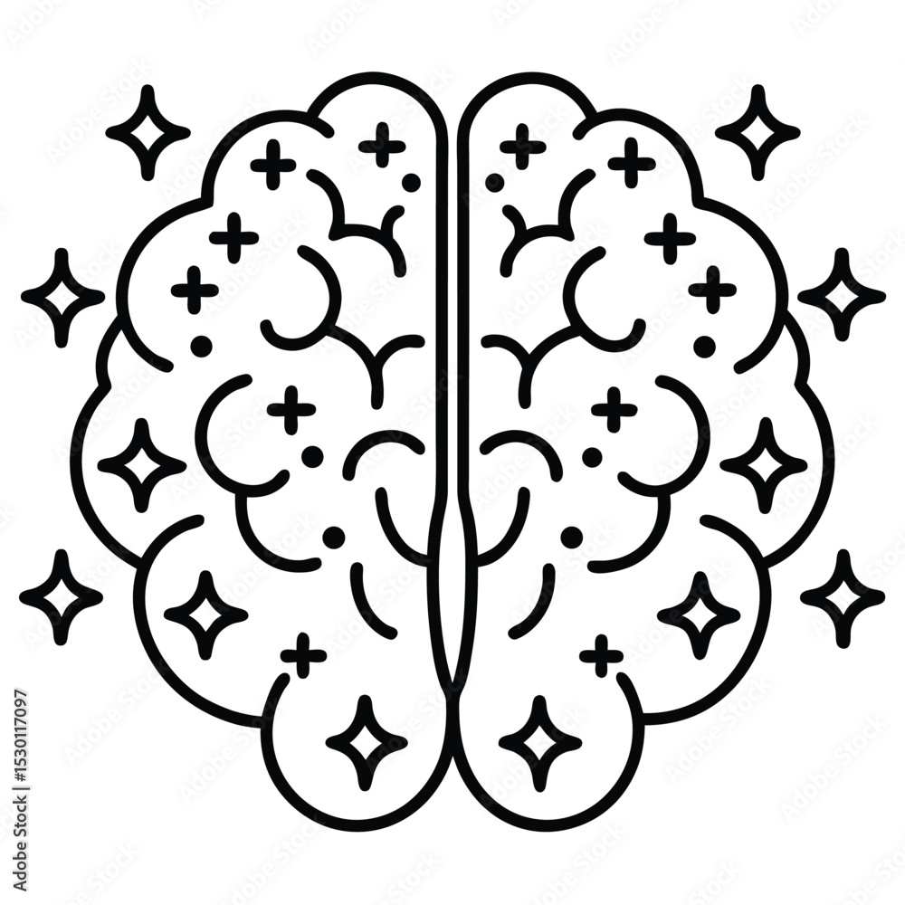 Poster flat vector icon of a brain with sparkles isolated on white background