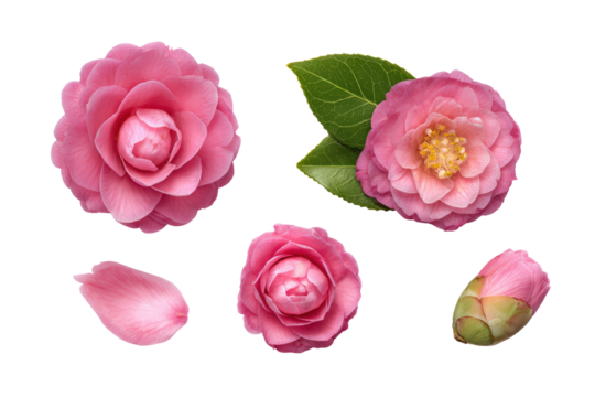 Flat-lay studio composition of pink camellia bloom centered, soft studio lighting, top-down view, isolated on black background highlighting delicate layered petals and romantic botanical detail