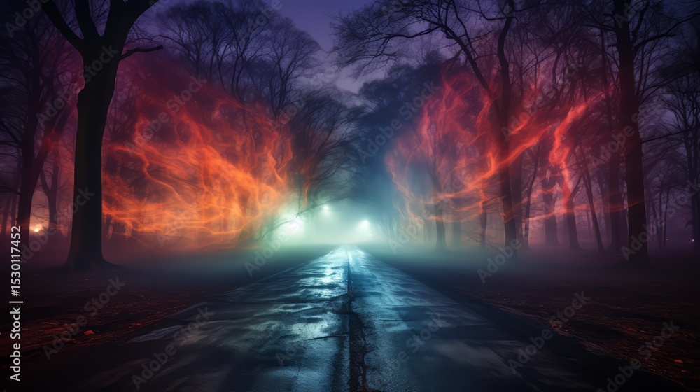 Poster forest at night with a road in the middle. the road is wet and the trees are lit up with fire