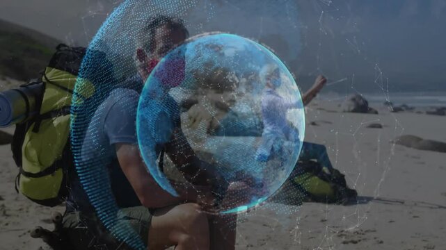 Hiker adjusting boot straps and tightening pack straps activating tech hologram globe mapping route