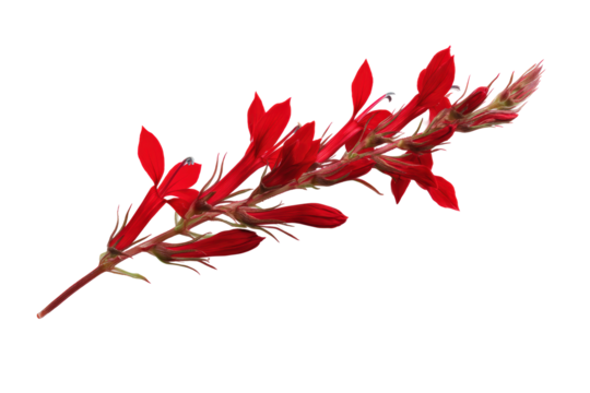 Flat-lay studio photo of cardinal flowers with stems symmetrically arranged, soft lighting, top-down view, isolated on black background showing graceful vertical lines
