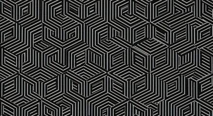 Geometric pattern of interlocking hexagons with layered white lines on a black background, emphasizing depth and symmetry.