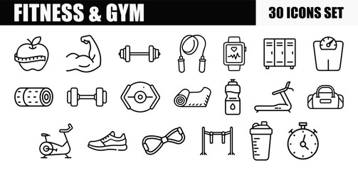 A set of 30 fitness and gym outline icons, like an apple with a measuring tape, bicep, dumbbells, jump rope, smartwatch, lockers, scale, yoga mat, resistance band, pull-up bar, shaker bottle, and othe