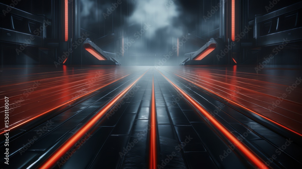 Poster Futuristic space with a red and black design. The red lines are glowing and the black lines are dark. The space is empty and has a futuristic feel to it