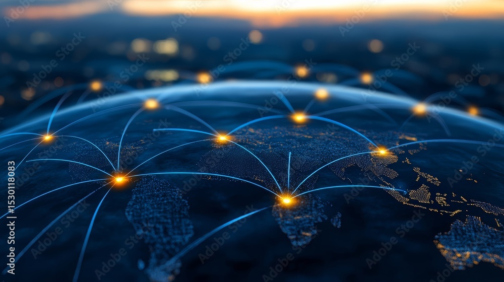 Poster Globe with many lines and dots on it, representing the world's network of communication. Concept of interconnectedness and the vastness of the world's communication infrastructure