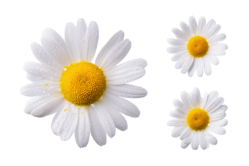 Flat-lay studio photo of single white chamomile bloom centered, soft lighting, top-down view, isolated on black background highlighting bright yellow disc and delicate petals