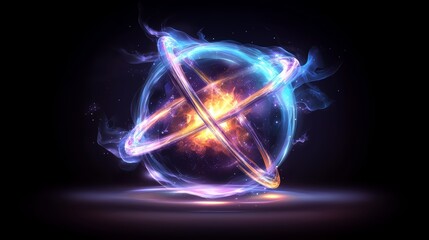 Glowing orb with a blue center and red and yellow rings. The orb is surrounded by a blue smoke