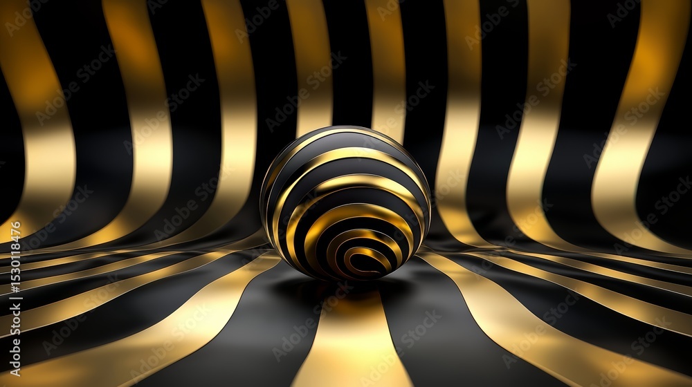 Poster gold and black striped background with a gold and black ball in the middle. the ball is surrounded b