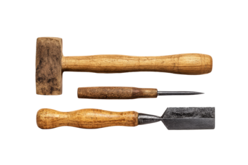 Flat-lay image of clustered chisel, mallet and file, soft lighting, top-down view on aged wood highlighting hardworking craft tools