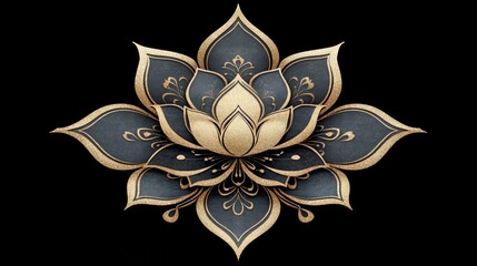 Gold and black flower with a gold stem. The flower is very detailed and has a lot of gold accents
