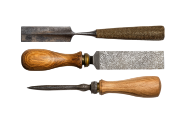 Flat-lay image of woodworking trio—plane, chisel, rasp—symmetrically arranged, soft lighting, top-down view on bench displaying classic craft equipment