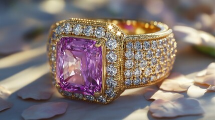 A luxurious golden ring showcasing a large rectangular purple gemstone