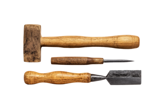 Flat-lay image of clustered chisel, mallet and file, soft lighting, top-down view on aged wood highlighting hardworking craft tools