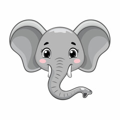 Fototapeta premium Adorable cartoon elephant head with big ears and trunk on a white background