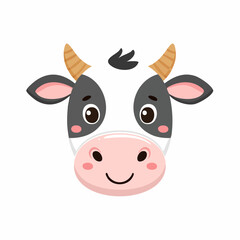 Adorable cartoon illustration of a smiling cow face on a white background