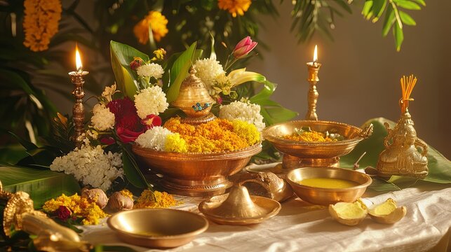 Hindu Festival Table Decor with Flowers and Candles