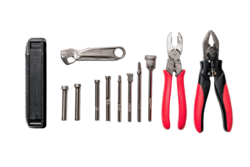 Flat-lay image of scattered compact toolbox tools, soft lighting, top-down view on wood surface displaying versatile hex key set and gripping pliers