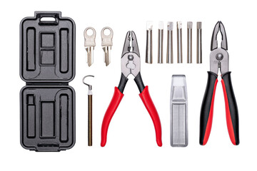 Flat-lay image of compact toolbox contents symmetrically arranged—hex keys and pliers—soft lighting, top-down view revealing organized repair kit