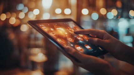 Person using tablet device with glowing app icons in cafe setting