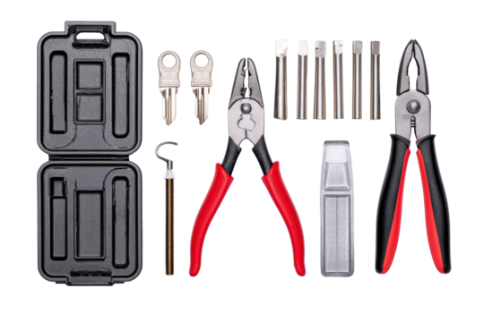 Flat-lay image of compact toolbox contents symmetrically arranged—hex keys and pliers—soft lighting, top-down view revealing organized repair kit