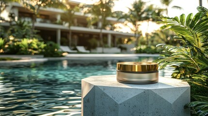 Golden jar on stone, pool and building backdrop