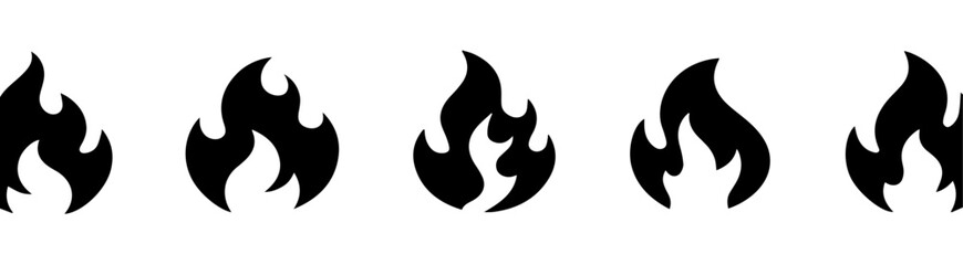 A row of five stylized black flame icons evenly spaced on a white background. Each flame design varies slightly, offering minimalist, vector-style representations of fire for graphic use.