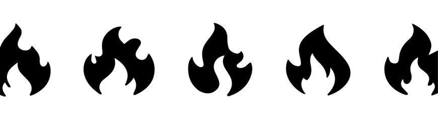A row of five stylized black flame icons evenly spaced on a white background. Each flame design varies slightly, offering minimalist, vector-style representations of fire for graphic use.