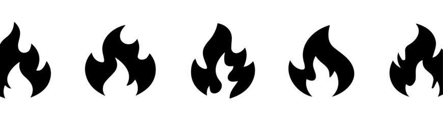 A row of five stylized black flame icons evenly spaced on a white background. Each flame design varies slightly, offering minimalist, vector-style representations of fire for graphic use.
