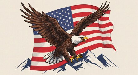 A stylized ink illustration of an American eagle in flight, beak open in a cry of freedom, soaring above a waving flag and bald mountain peaks, in bold red, white, and blue.