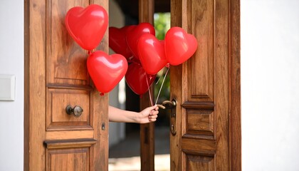 Hand holds red heart balloons in doorway.