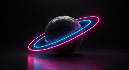 Futuristic planet with glowing pink and blue rings, textured surface, dark background, high contrast, sleek composition.