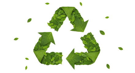 Conceptual image A recycling symbol intricately formed from numerous fresh green leaves. Soft shadows beneath the leafy structure suggest a three-dimensional effect. Eco-frien.