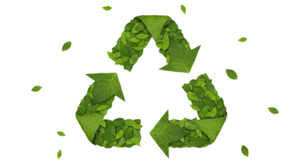 Conceptual image A recycling symbol intricately formed from numerous fresh green leaves. Soft shadows beneath the leafy structure suggest a three-dimensional effect. Eco-frien.