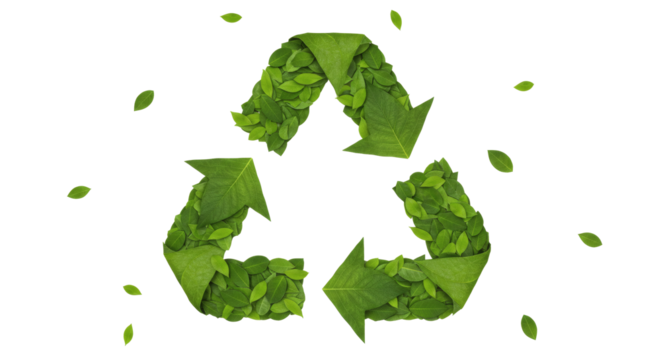 Conceptual image A recycling symbol intricately formed from numerous fresh green leaves. Soft shadows beneath the leafy structure suggest a three-dimensional effect. Eco-frien.