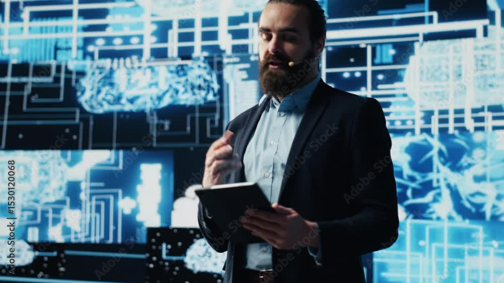 Poster entrepreneur presenter hosting live conference to highlight ai usage in business growth, demonstrati