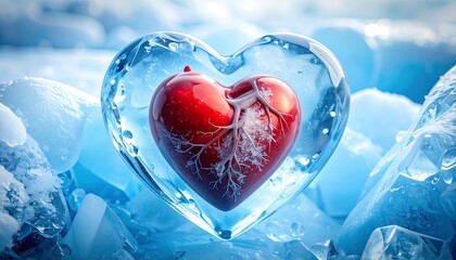 Heart model frozen in ice with concept.