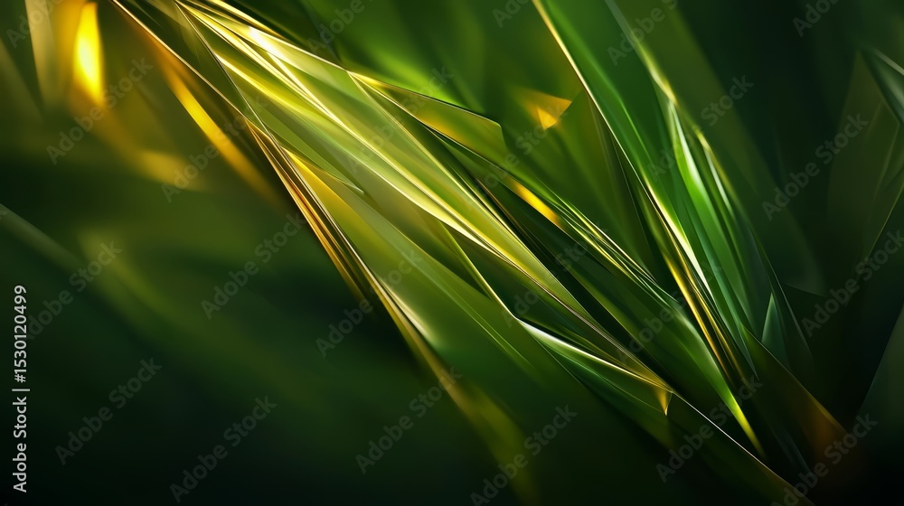 Poster Green and yellow abstract image of a leafy green plant. The image is made up of many small triangles and squares