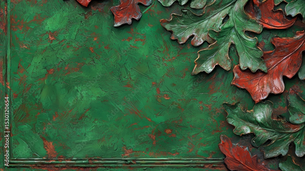 Poster green background with a leafy border and red leaves. the background is painted with a greenish color