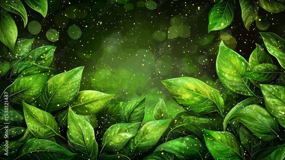 Aufkleber Green leafy background with a few leaves in the foreground. The background is dark and the leaves are illuminated by a light source
