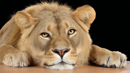 Fototapeta premium Close-up of a resting lion lying on a flat surface with a calm expression