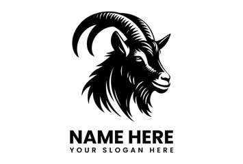 Black silhouette vector logo of a powerful goat head with prominent curved horns representing farm strength