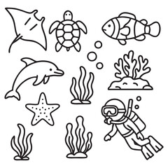 Underwater Life of Maldives Icons – Black and White Outline Vector Set