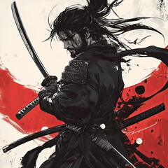 Female Samurai Warrior with Sword on Red Background